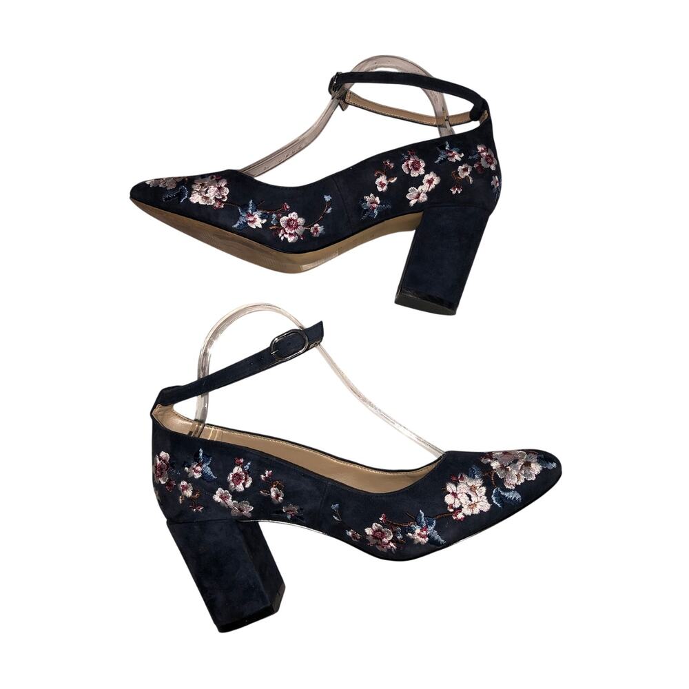 WHBM Bethany Blue Suede Embroidered Floral Block Heels 8.5 Wedding Chunky - Picture 2 of 9